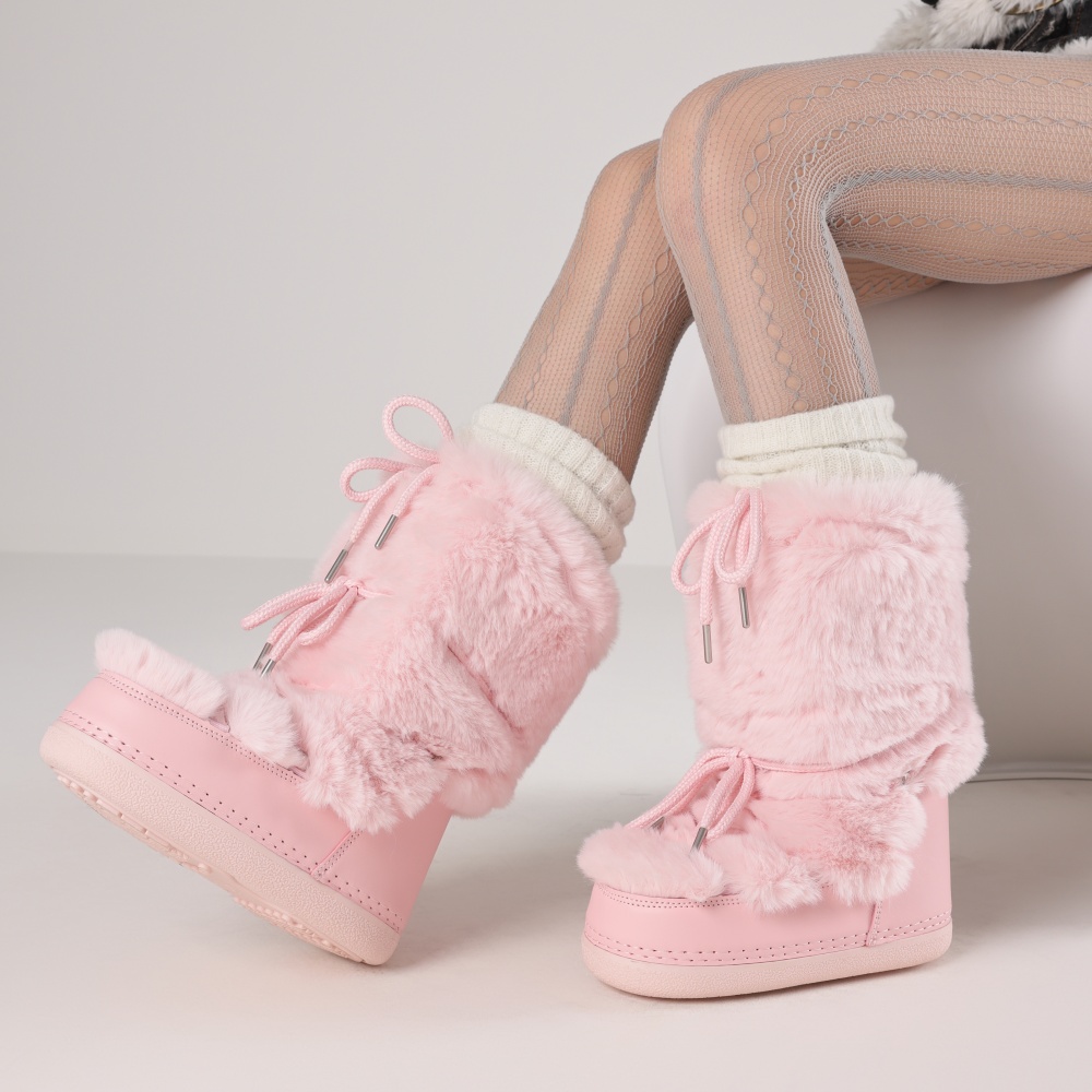 Espadrille Slip On - 女性用ファーブーツ ラウンドトゥ フラット スリップオン 冬用スノーウォームブーツ フェイクファー