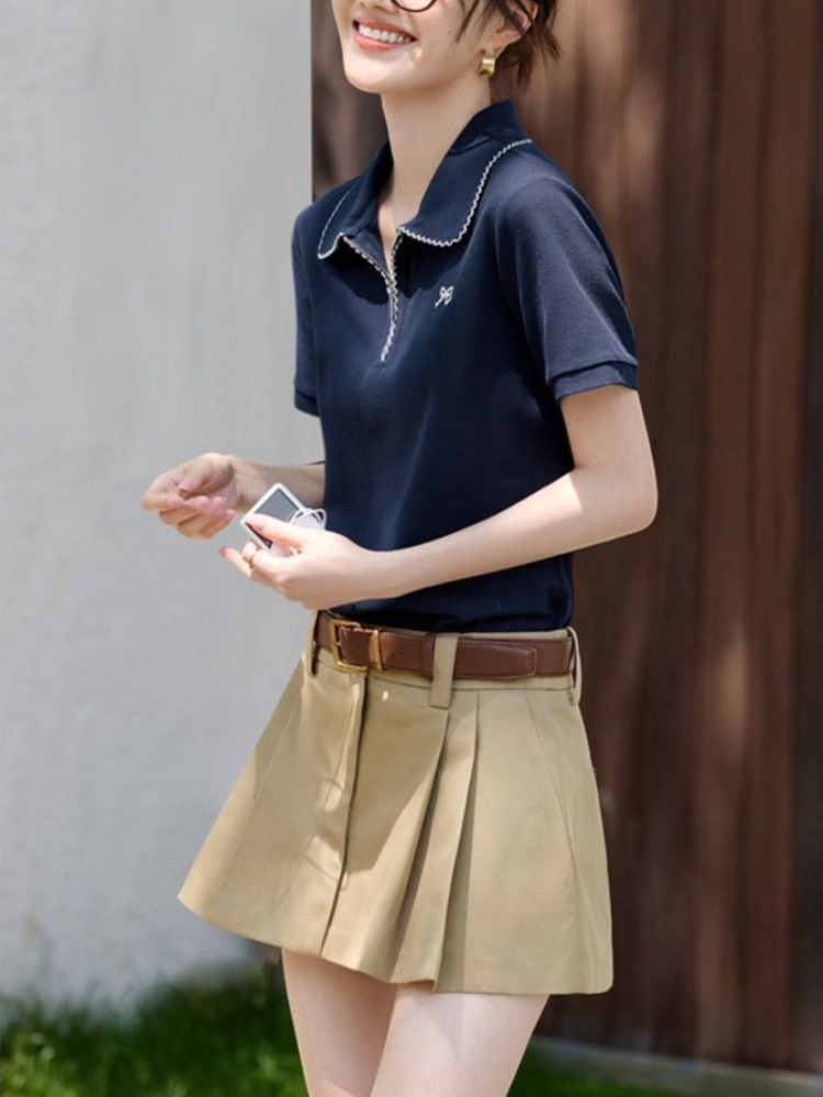 Polo Shirt Pique - レディース スリムフィット 美体型効果のあるTシャツ 夏の新作 ピケコットン カラーブロック