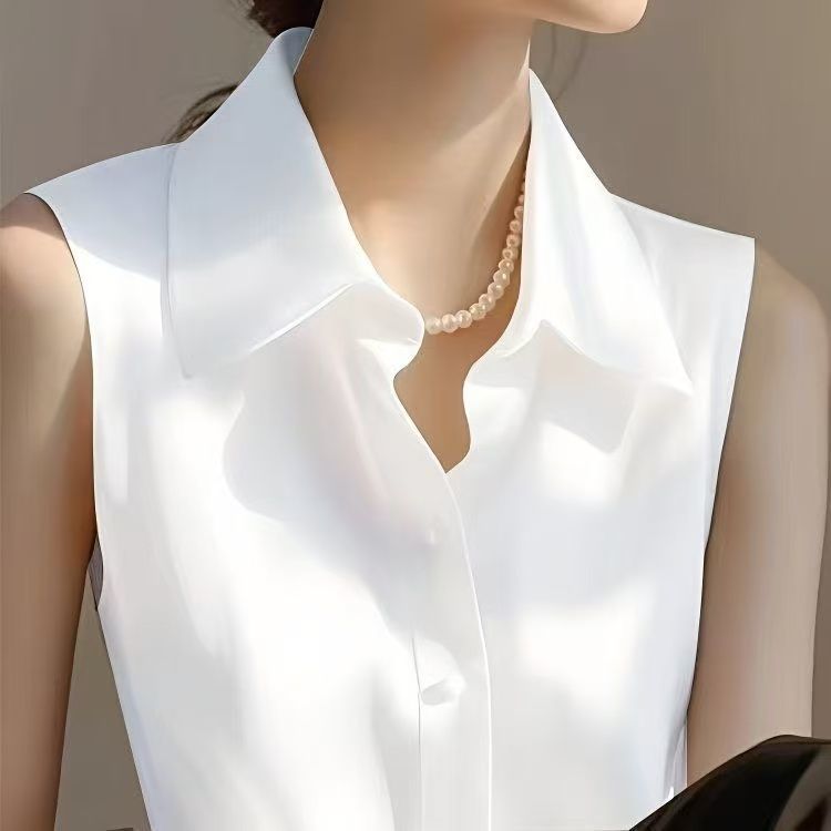 Shirt Camp Collar - フレンチサテンポロカラーノースリーブベストシャツ女性用春と夏の新しい多用途カジュアルトップ