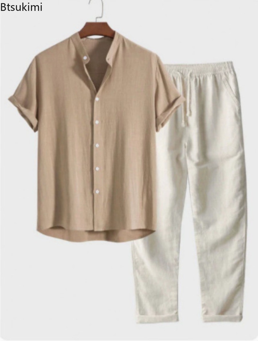Short Linen Drawstring - 2026年メンズファッション無地ビーチツーピースセット夏軽量通気性スタンドカラーシャツとパンツカジュアルアウトフィットトラックスーツ