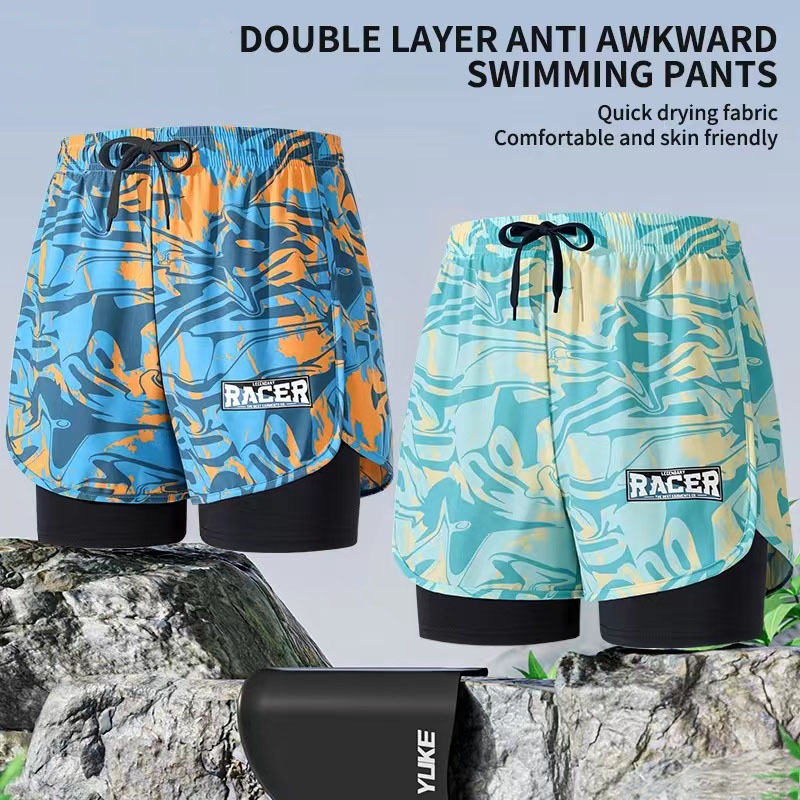 Swim Trunk Quick Dry - 男性用の二層水泳パンツ,速乾性,通気性のある水泳パンツ,学生用の大きな水着