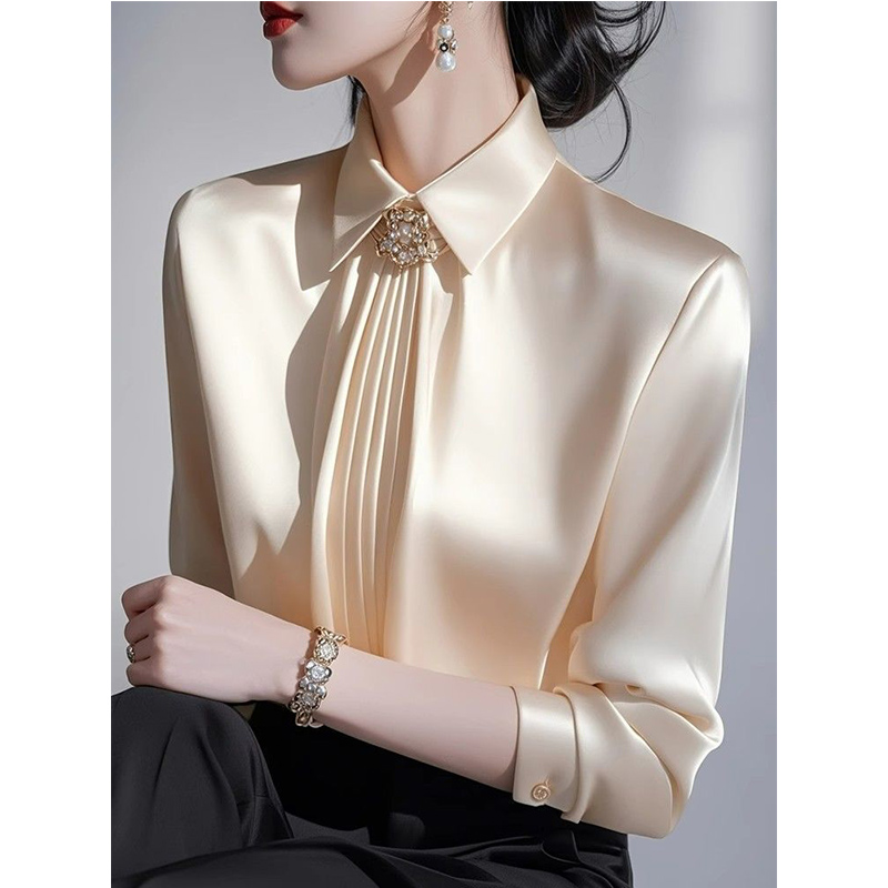 Shirt Camp Collar - 2025 春の新気質サテンブラウスレディースオフィスレディシンプルプリーツターンダウン襟長袖シャツ女性服