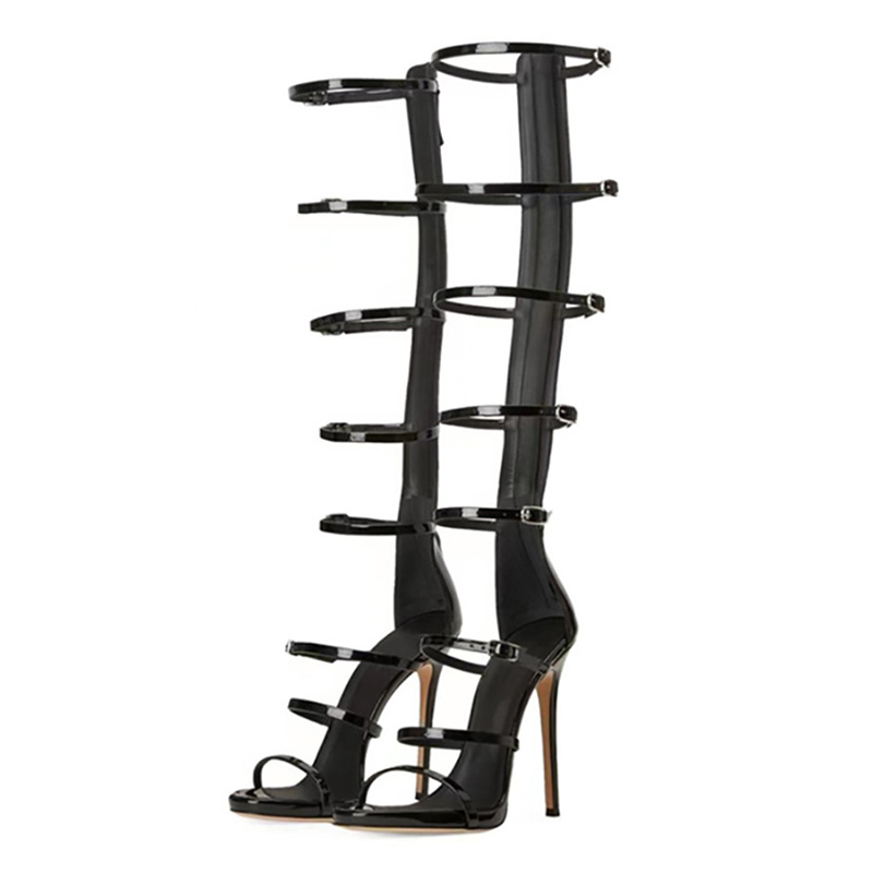 Casual Sandal Leather - 夏の女性用クールブーツ新作2026セクシー10cmハイヒールサンダルバックルブラックゴールドドレスパーティー女性用ニーハイブーツ大きいサイズ36-43