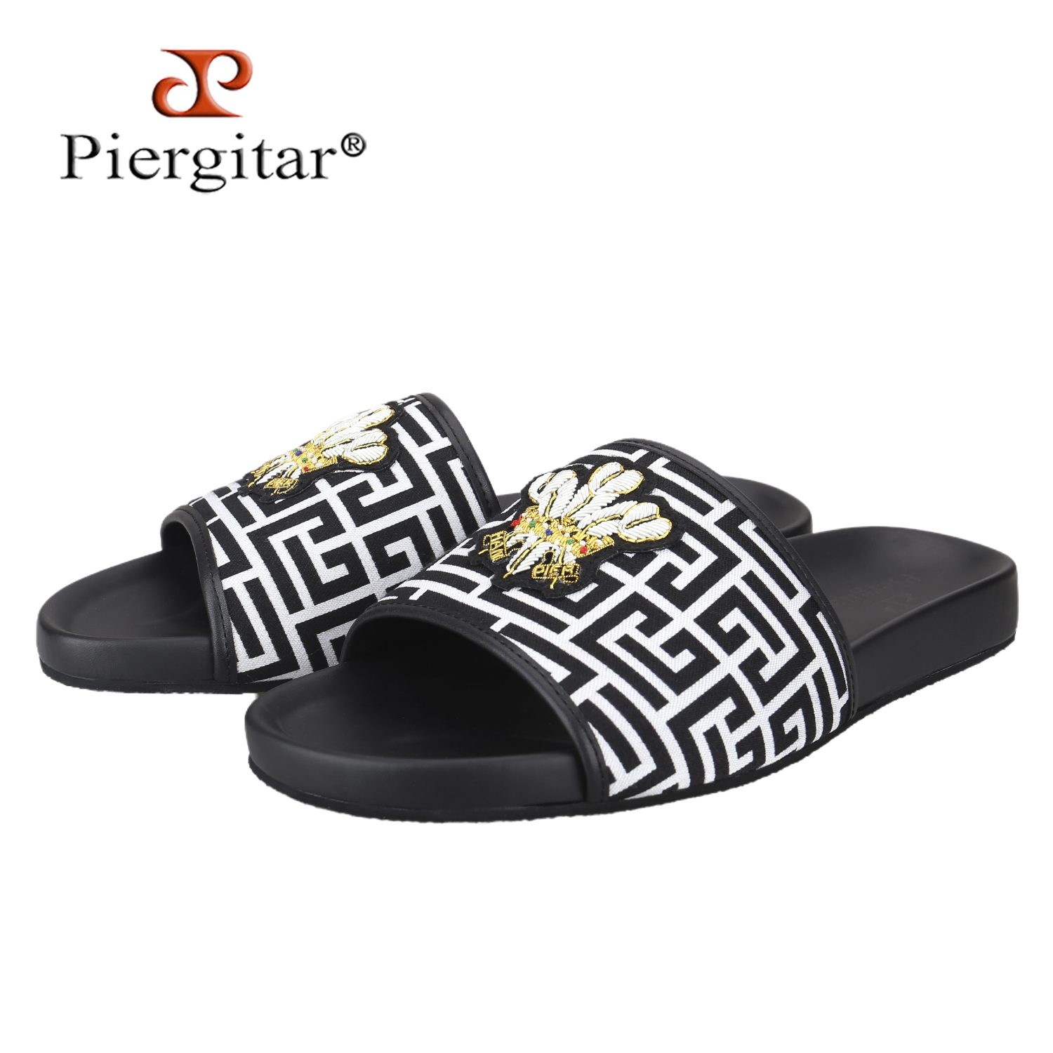 Flip Flop Leather Men - Piergitar 夏モデル黒と白のプリントキャンバスメンズスライドカスタマイズされた手作りバッジ付き高級スタイルファッションスリッパ