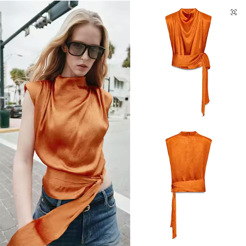 Shirt Camp Collar - サテンショールカラーノースリーブクロップトップ、女性用エレガントなサイドタイウエストシャツ、豪華で滑らかなシルクのようなタンクトップ
