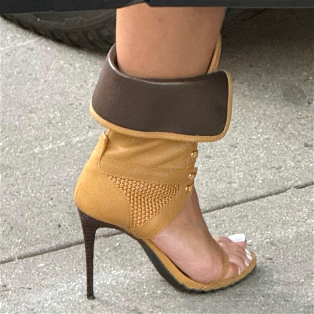 Casual Sandal Leather - 女性オープントゥスティレットレースアップサンダルセクシーなレザーハイヒールフォールドオーバーエレガント2026最新カジュアルパーティードレスシューズ