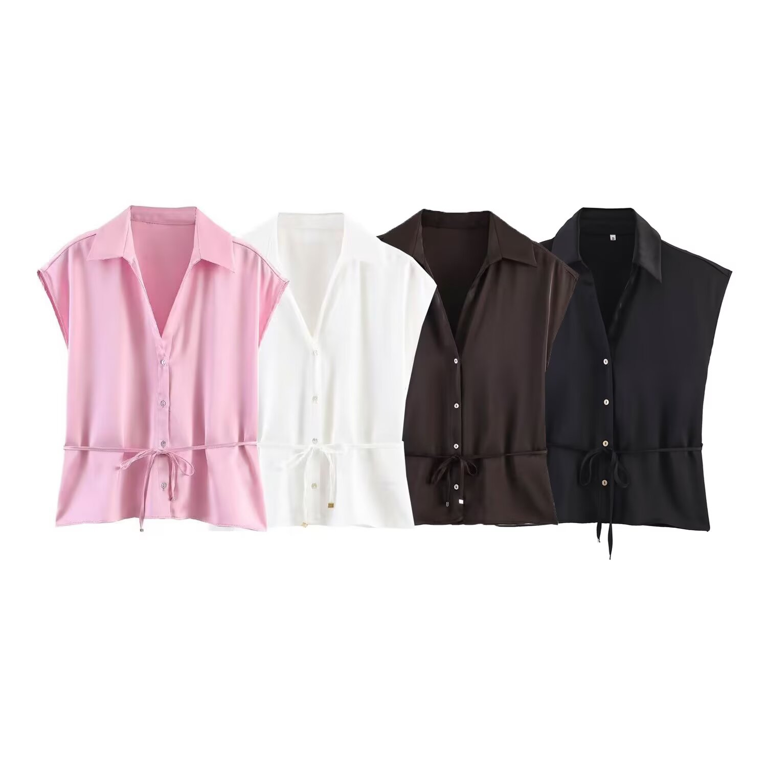 Shirt Camp Collar - Willshela 女性ファッションベルト付きソリッドシングルブレストブラウスヴィンテージラペルカラーノースリーブ女性シックなレディシャツ