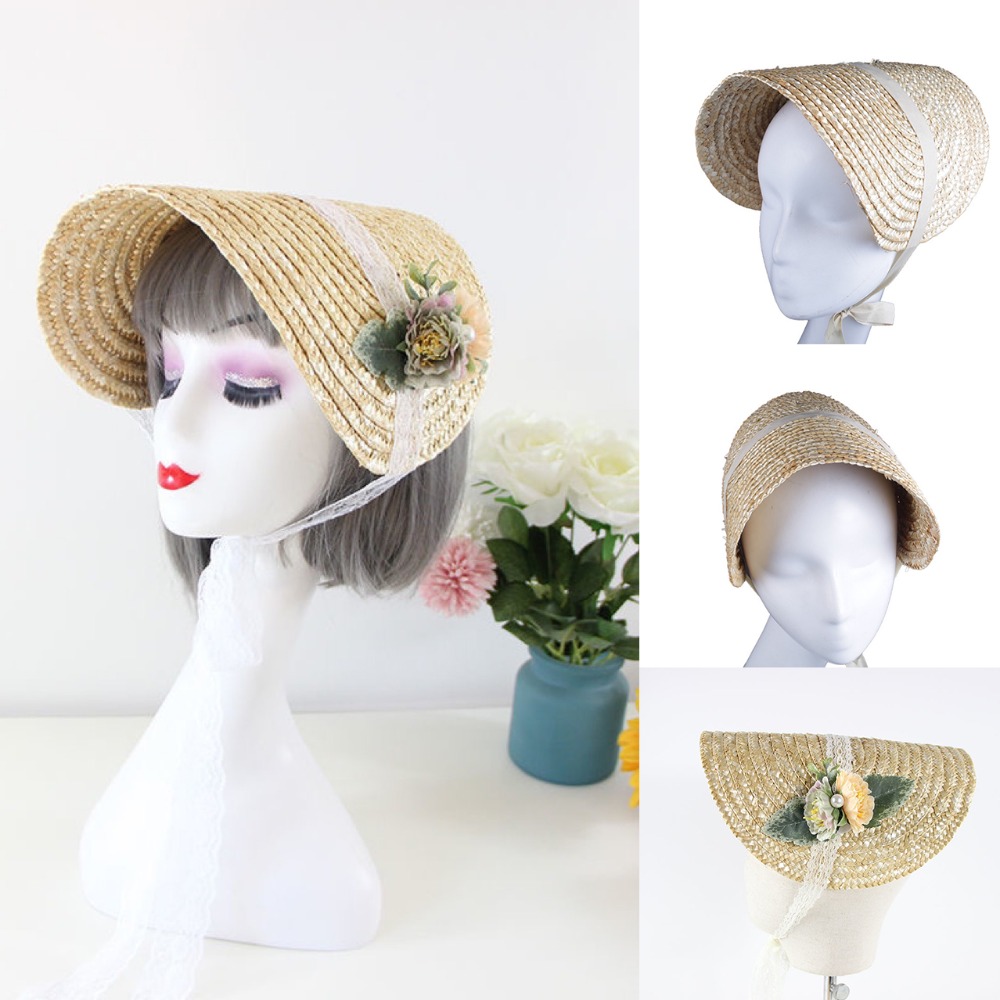 Bucket Hat Straw - フレンチスタイルロリータ麦わら帽子ビクトリア朝風ボンネット手作りビーチハット甘いレースアップヘアアクセサリーフラットトップハット