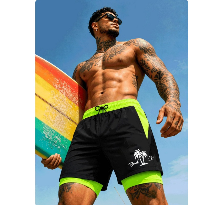 Trunks Board Surf - メンズ水泳パンツ ヤシの木プリント 速乾性 サーフボードショーツ 弾性ドローストリング サーフビーチ水泳パンツ