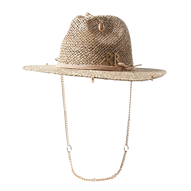 Bucket Hat Straw - パナマストローサンハットつば広UPF50+折りたたみ式、ネイビー&ベージュコントラストビーチハット調節可能なあごストラップ女性夏