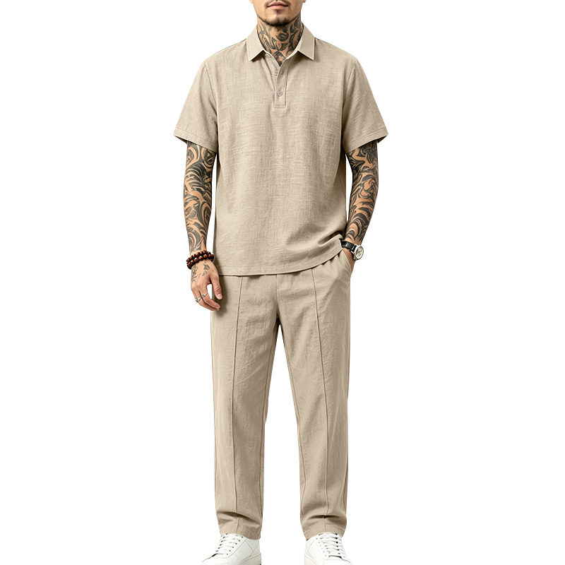 Short Linen Drawstring - メンズ2ピースポロセット半袖襟付きポロシャツ＆ストレートロングパンツカジュアルサマーバケーションお揃いコーデ