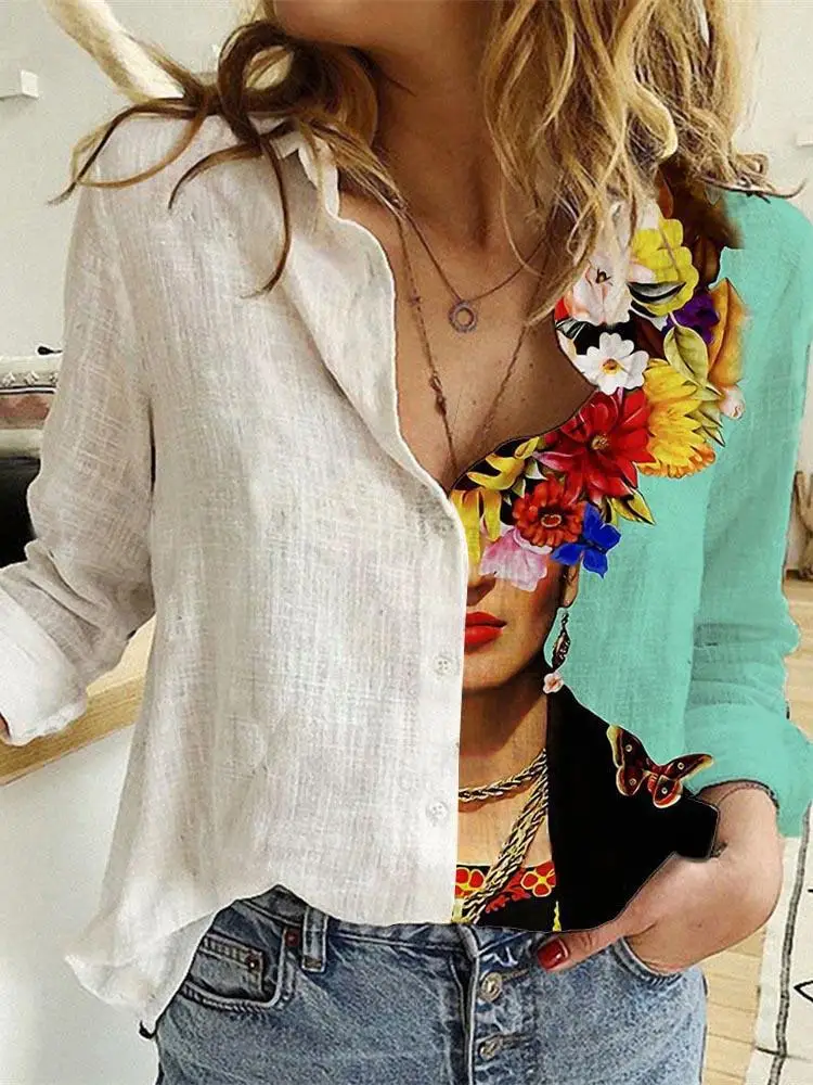 Shirt Camp Collar - 女性の春と秋の長袖ターンダウン Colla シャツファッションプリントルーズリラックス快適なエレガントな通勤ブラウストップス