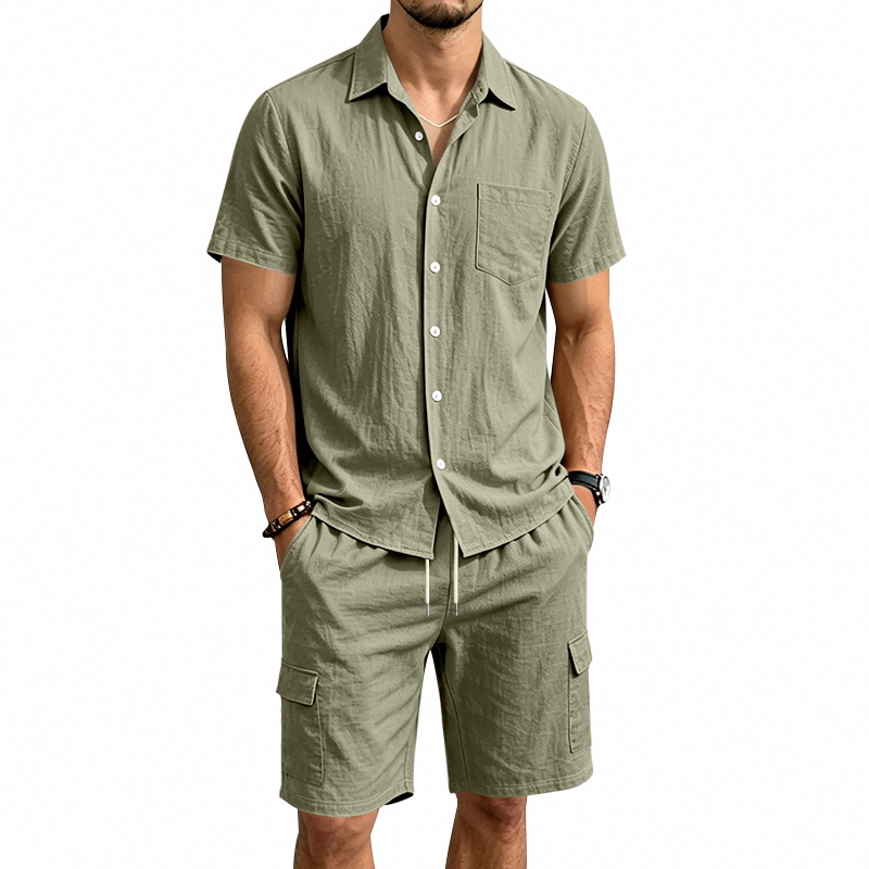 Short Linen Drawstring - メンズ夏アメリカンリネンツーピースセット半袖シャツドローストリングカーゴショーツルーズカジュアルアウトドア通勤休暇衣装