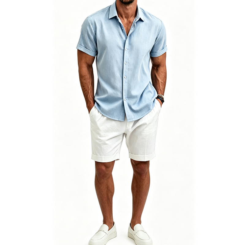 Short Linen Drawstring - メンズ綿麻シャツセット 夏用半袖シャツ＆ショートパンツスーツ メンズ無地ビーチトラックスーツ 2ピースカジュアルセット メンズ