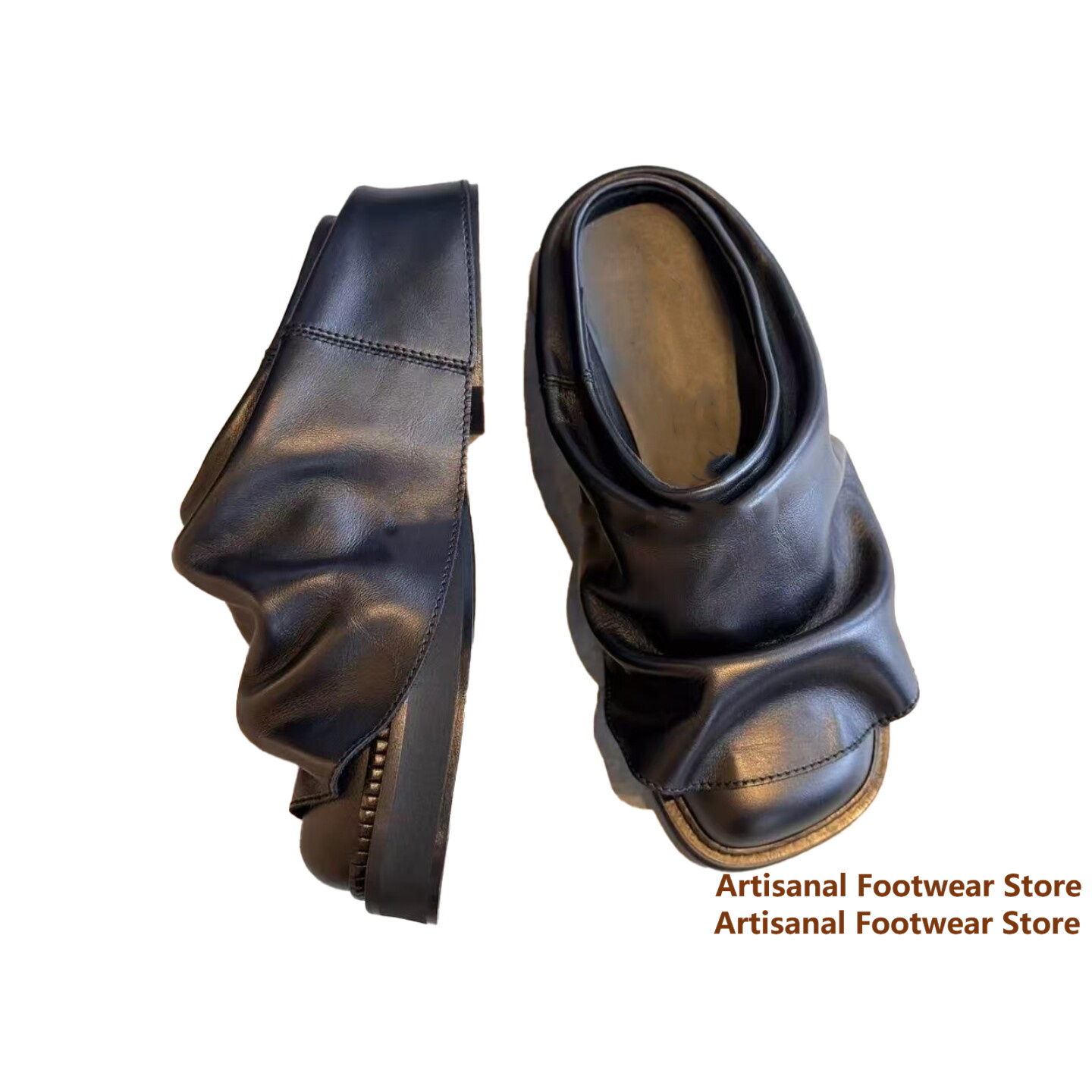 Flip Flop Leather Men - シャーリング加工ソフトレザースライドミュールスクエアトゥ厚底プラットフォームスリッポンサンダルカジュアルファッションシューズトレンドハンドメイドメンズシューズ