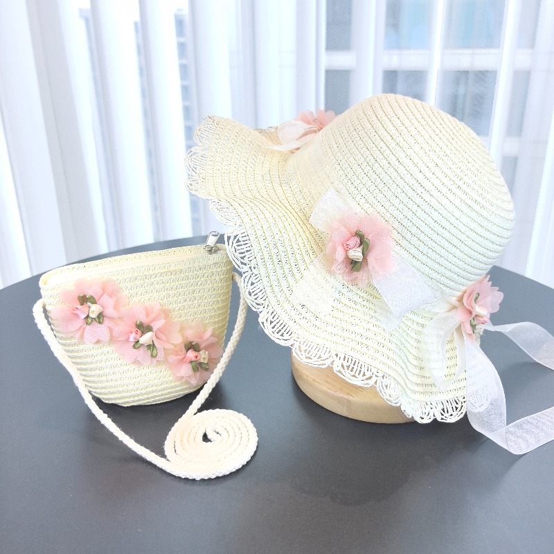 Bucket Hat Straw - 女の子用2ピース麦わら帽子、無地、アウトドア旅行用サンハット、花柄フィッシャーマンスタイル、子供用ファッションアクセサリー