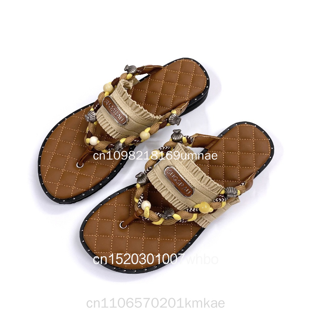 新しいレトロな織り込みデザインの厚底スリッパ、ボヘミアンスタ - Flip Flop Leather Men のレビューと価格
