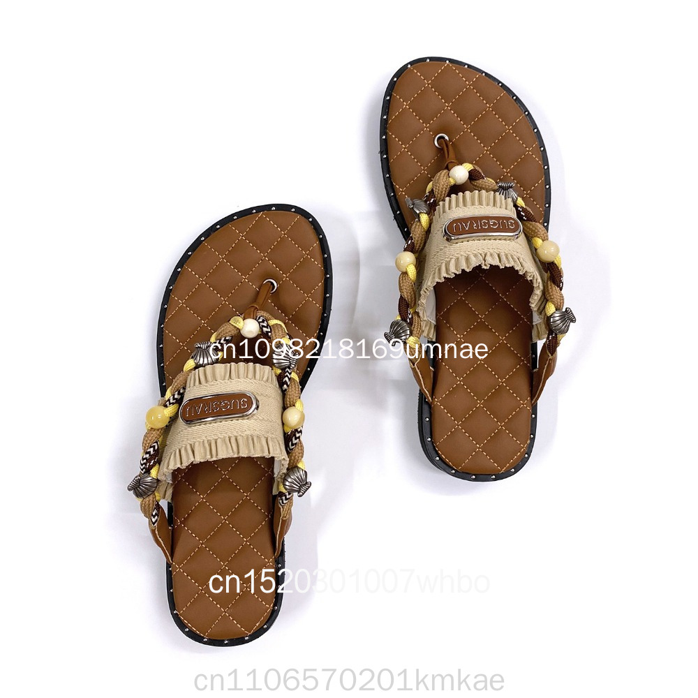 新しいレトロな織り込みデザインの厚底スリッパ、ボヘミアンスタ - Flip Flop Leather Men のレビューと価格