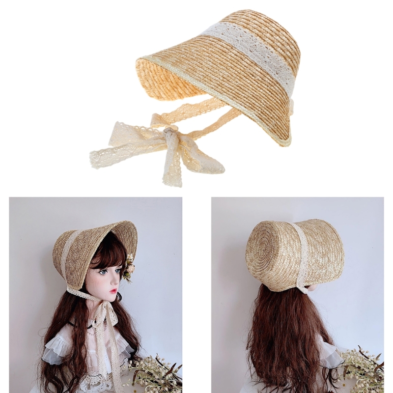 女の子のためのロリタスタイルの麦わら帽子、ヴィンテージの頭飾 - Bucket Hat Straw のレビューと価格