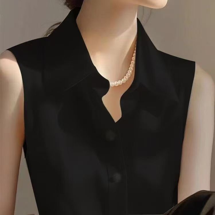 フレンチサテンポロカラーノースリーブベストシャツ女性用春と夏 - Shirt Camp Collar のレビューと価格