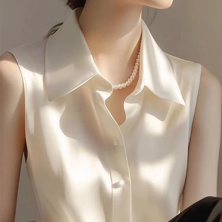 フレンチサテンポロカラーノースリーブベストシャツ女性用春と夏 - Shirt Camp Collar のレビューと価格