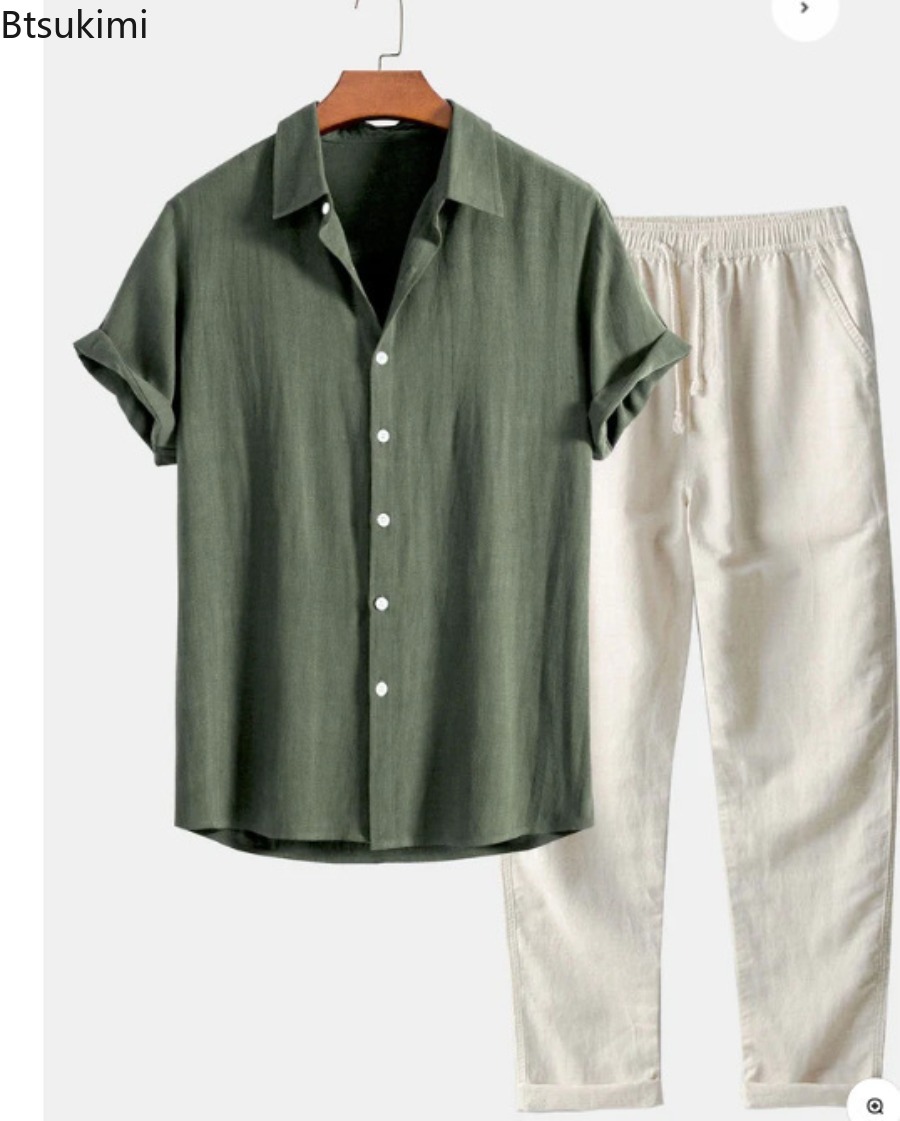 2026年メンズファッション無地ビーチツーピースセット夏軽量 - Short Linen Drawstring のレビューと価格