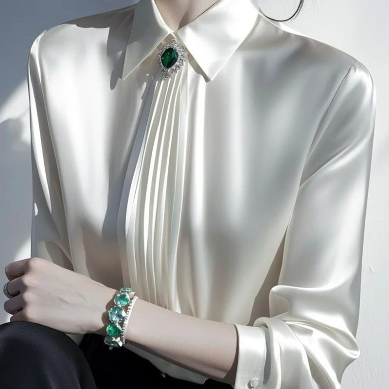 2025 春の新気質サテンブラウスレディースオフィスレディシ - Shirt Camp Collar のレビューと価格