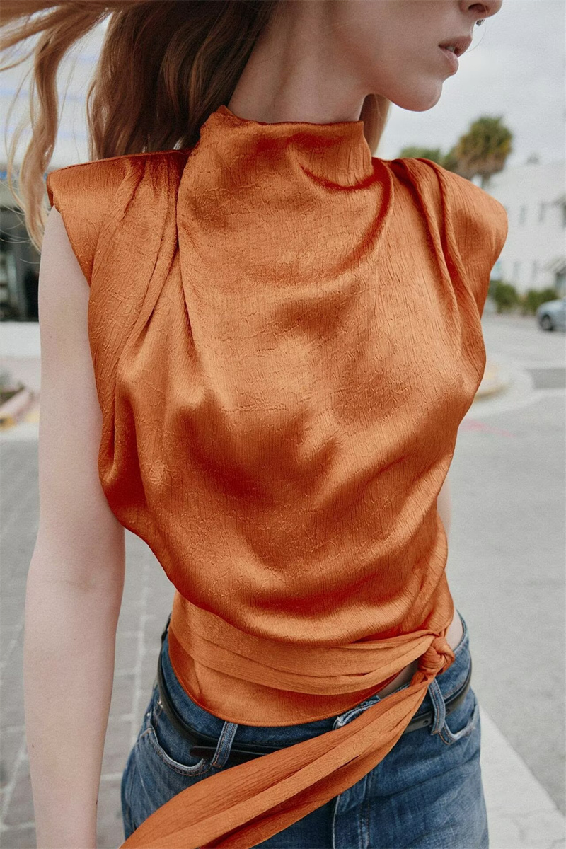 サテンショールカラーノースリーブクロップトップ、女性用エレガ - Shirt Camp Collar のレビューと価格