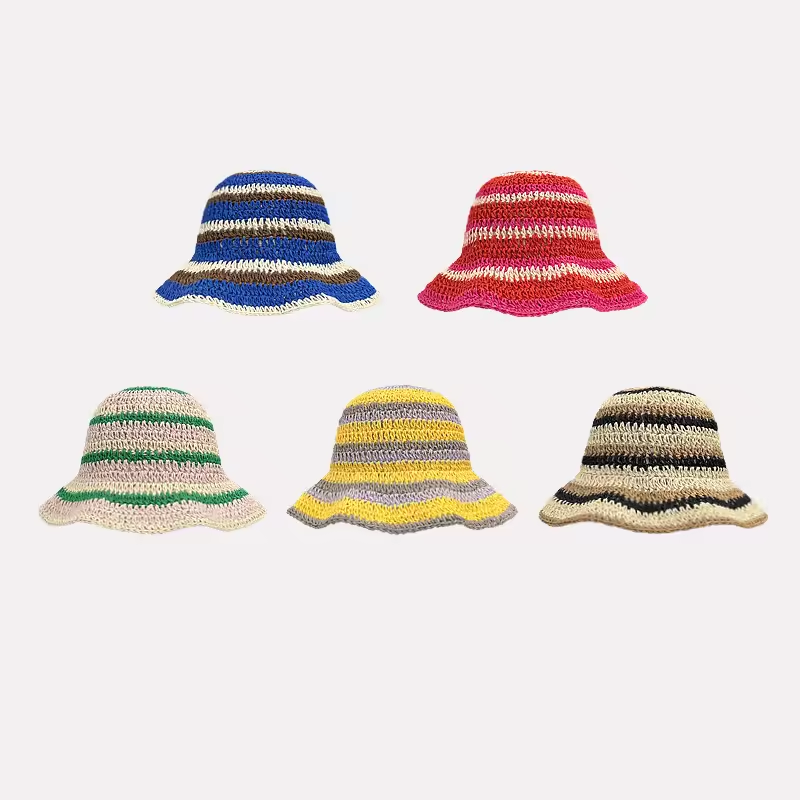 女性のための縞模様のニット麦わら帽子、中空の通気性のある帽子 - Bucket Hat Straw のレビューと価格