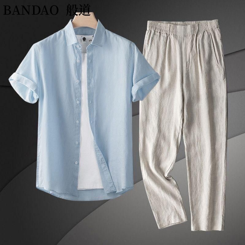 夏の新ファッショントレンド快適な通気性リネン半袖シャツセット - Short Linen Drawstring のレビューと価格