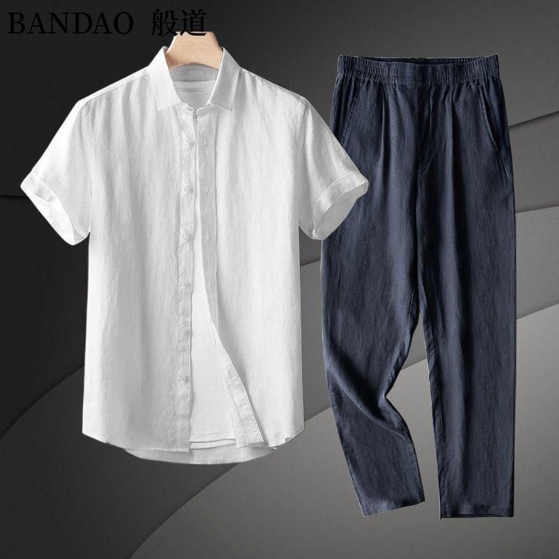 夏の新ファッショントレンド快適な通気性リネン半袖シャツセット - Short Linen Drawstring のレビューと価格