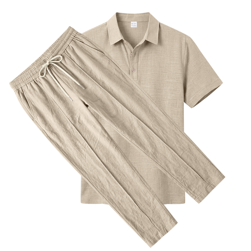 メンズ2ピースポロセット半袖襟付きポロシャツ＆ストレートロン - Short Linen Drawstring のレビューと価格