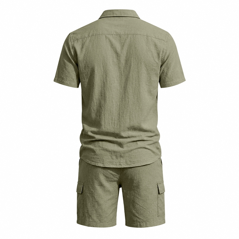 メンズ夏アメリカンリネンツーピースセット半袖シャツドロースト - Short Linen Drawstring のレビューと価格