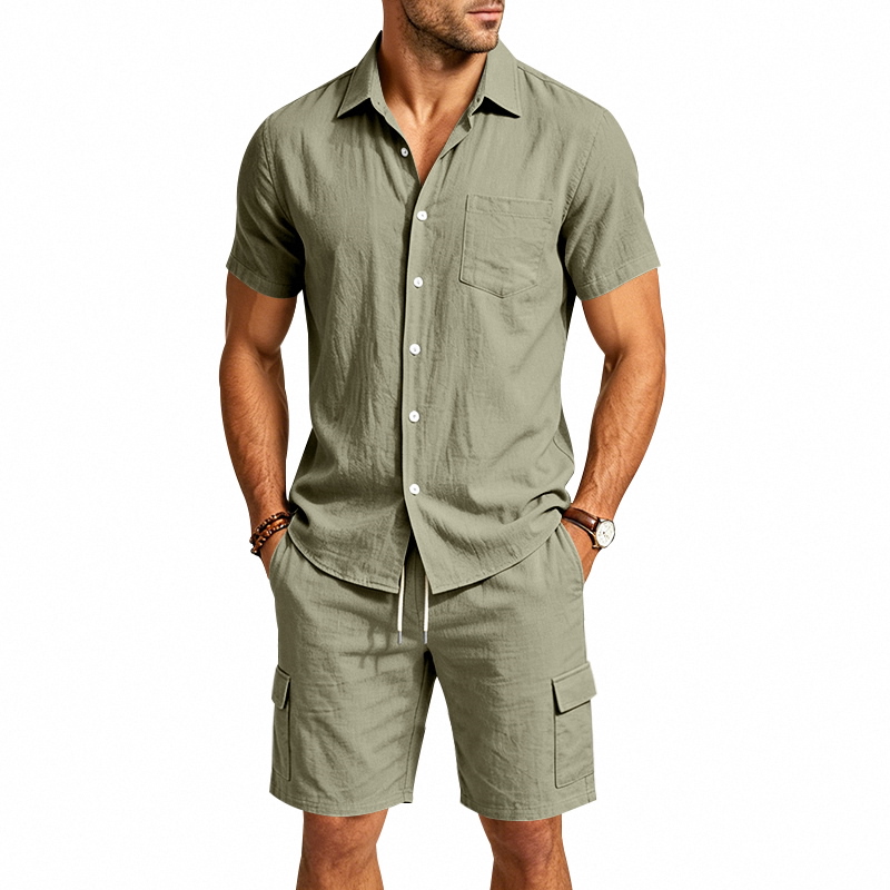 メンズ夏アメリカンリネンツーピースセット半袖シャツドロースト - Short Linen Drawstring のレビューと価格