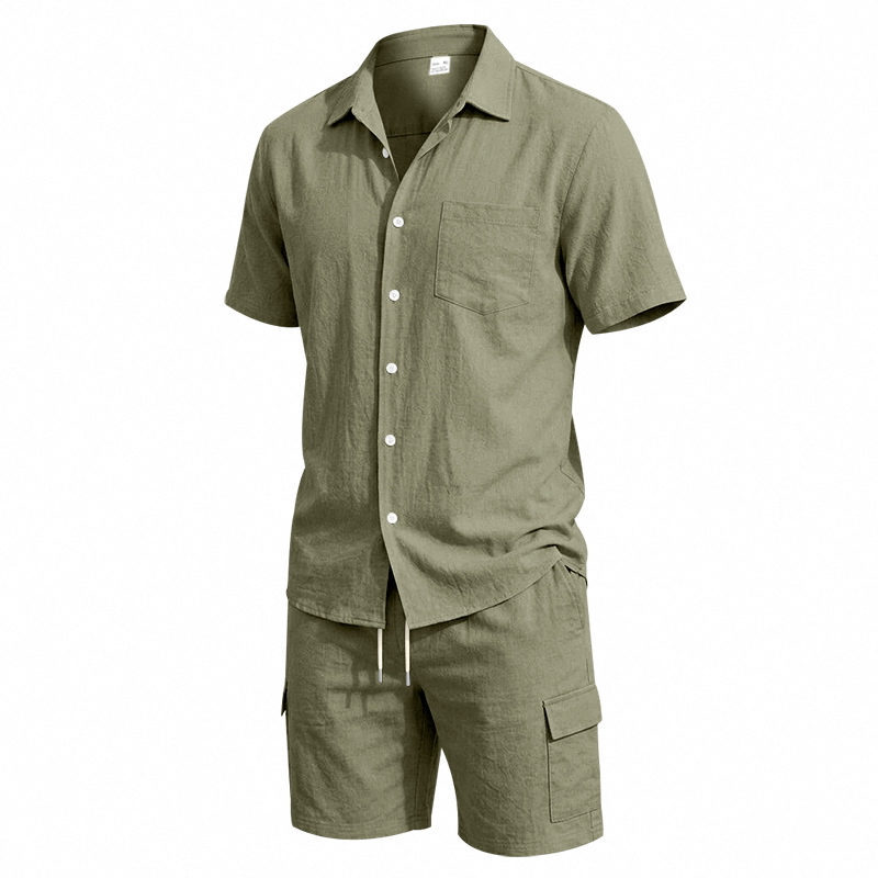メンズ夏アメリカンリネンツーピースセット半袖シャツドロースト - Short Linen Drawstring のレビューと価格