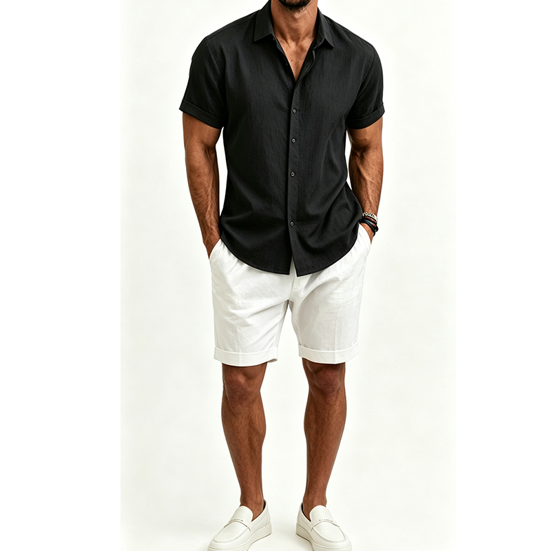 メンズ綿麻シャツセット 夏用半袖シャツ＆ショートパンツスーツ - Short Linen Drawstring のレビューと価格