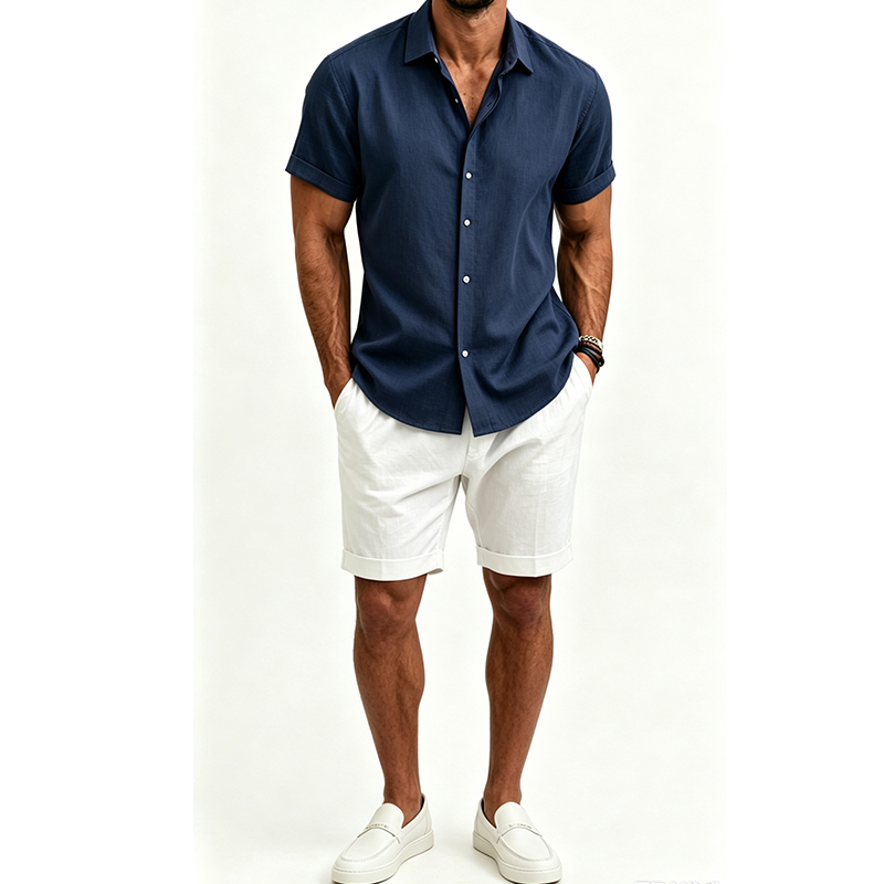 メンズ綿麻シャツセット 夏用半袖シャツ＆ショートパンツスーツ - Short Linen Drawstring のレビューと価格