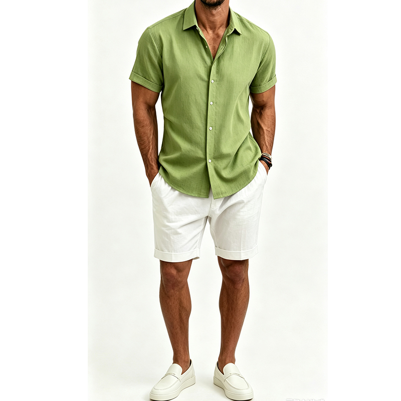 メンズ綿麻シャツセット 夏用半袖シャツ＆ショートパンツスーツ - Short Linen Drawstring のレビューと価格