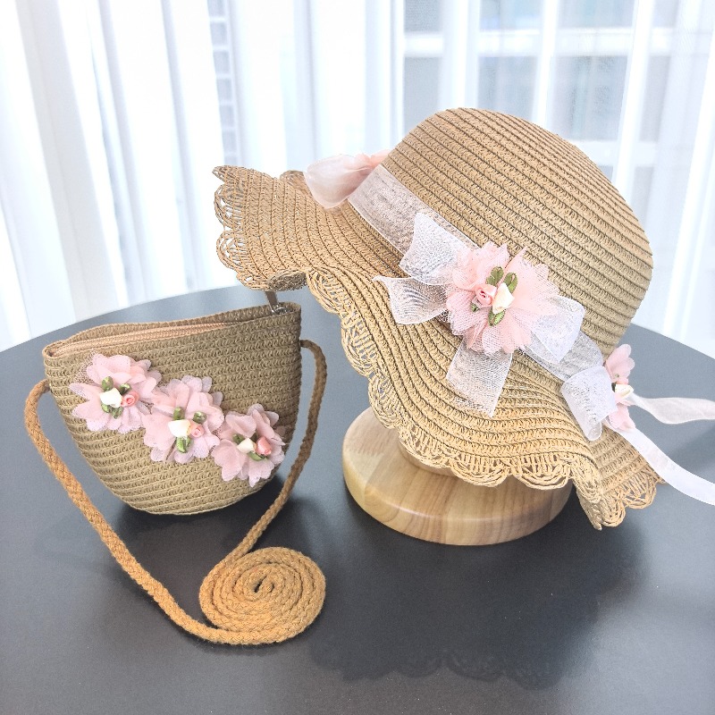 女の子用2ピース麦わら帽子、無地、アウトドア旅行用サンハット - Bucket Hat Straw のレビューと価格